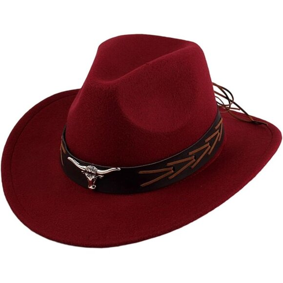 Accessories - Unisex Burgundy 100% Polyester Bull Skull Buckle Band Fedora Cowboy Felt Hat